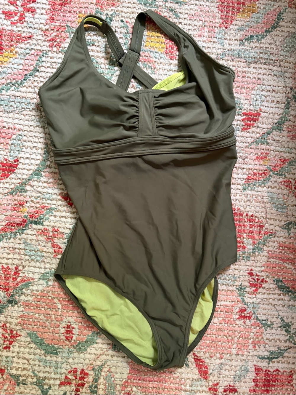 Women’s Prana Olive Green One-Piece Swimsuit with Lime Lining
